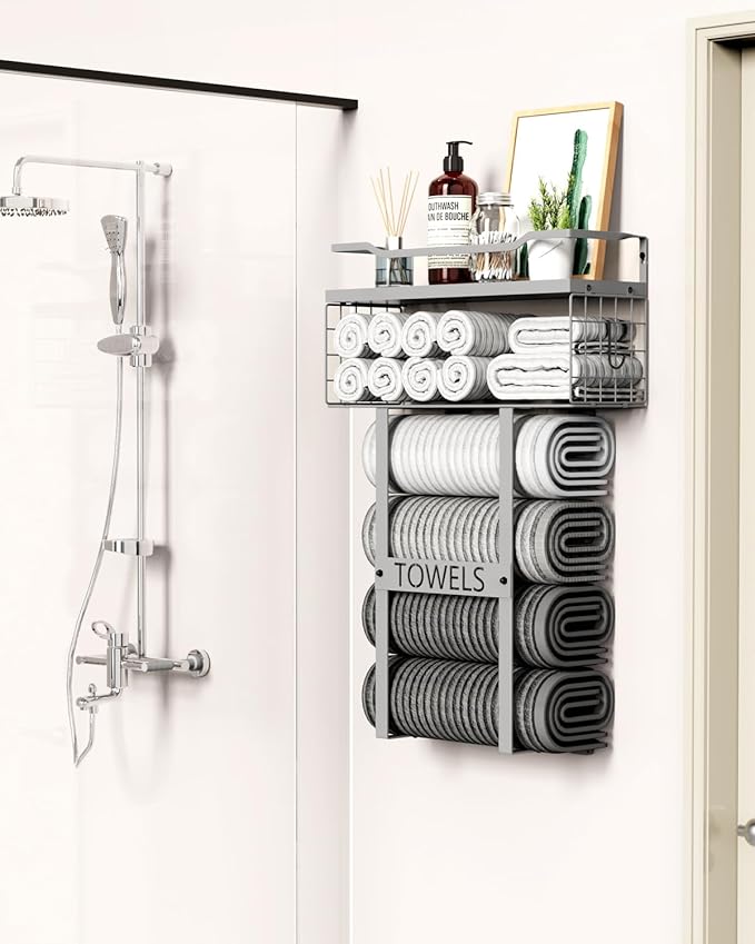 Towel Racks for Bathroom Wall Mounted - Bath Wall Towel Holder Set Above Toilet Storage, Rolled Towel Shelf Organizer for Small Bathroom, Wood Vertical Towel Rack for Bathroom Wall Decor Grey