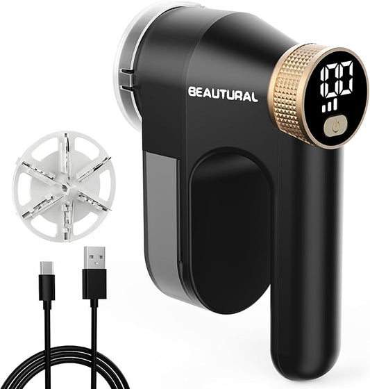 BEAUTURAL Fabric Shaver, Rechargeable Lint Remover, Electric Portable Sweater Defuzzer with 3 Speeds, 6 Leaf Blades, Digital LED Display, Remove Pilling for Clothes, Furniture, Sweater, Couch, Blanket