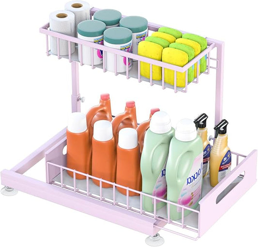 Under Sink Organizer Storage 2-Tier Premium Metal Pull-Out Kitchen Cabinet Organizer with Sliding Drawer, Height Adjustable, Heavy Duty for Kitchen & Bathroom Organizers 1 Pack Pink