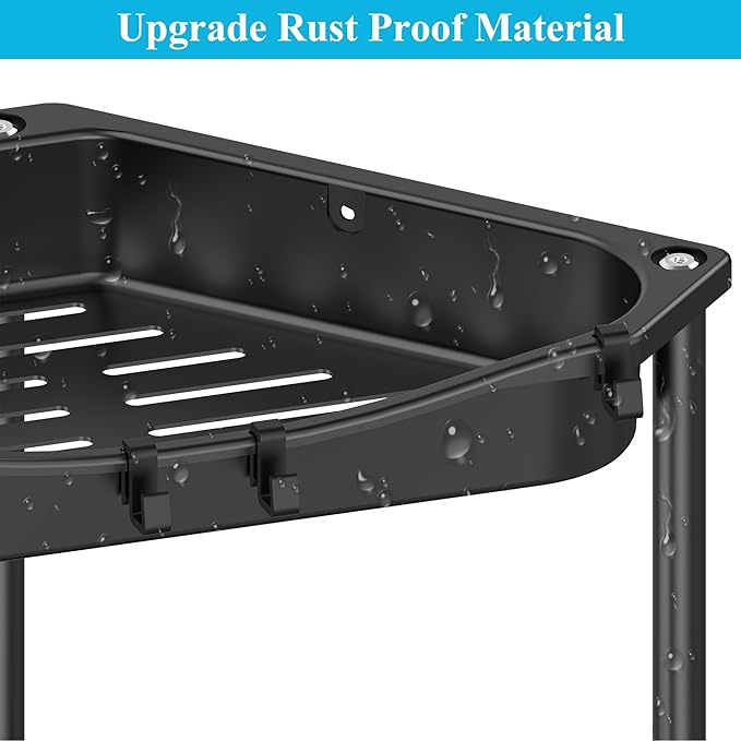 4 Tier Floor Standing Corner Shower Caddy Organizer Shelf with Hooks, Bathroom Shelves Stand Rack, Jet Black
