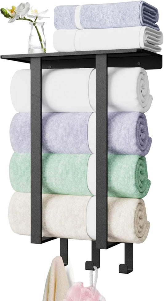 Towel Racks for Bathroom, Towel Rack with Shelf and 3 Hooks, Towel Storage Holders Wall for Rolled Bath Towels, Black
