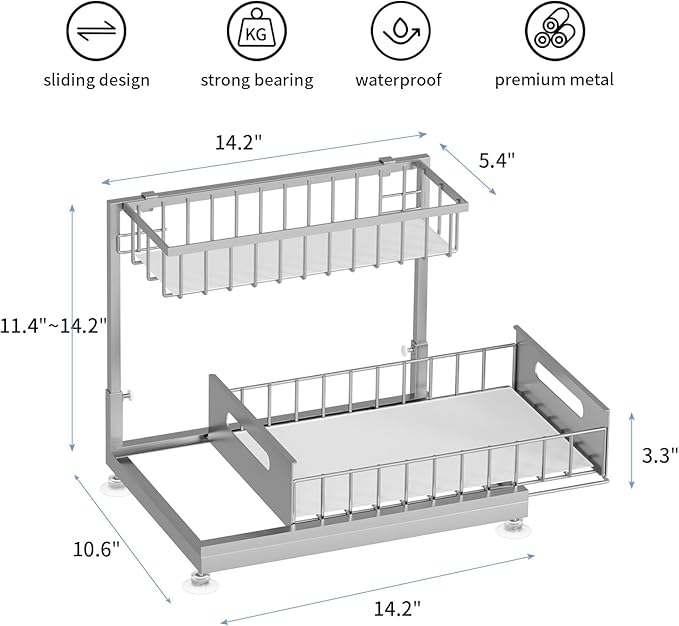 Under Sink Organizer Storage 2-Tier Premium Metal Pull-Out Kitchen Cabinet Organizer with Sliding Drawer, Height Adjustable, Heavy Duty for Kitchen & Bathroom Organizers 2 Pack Grey