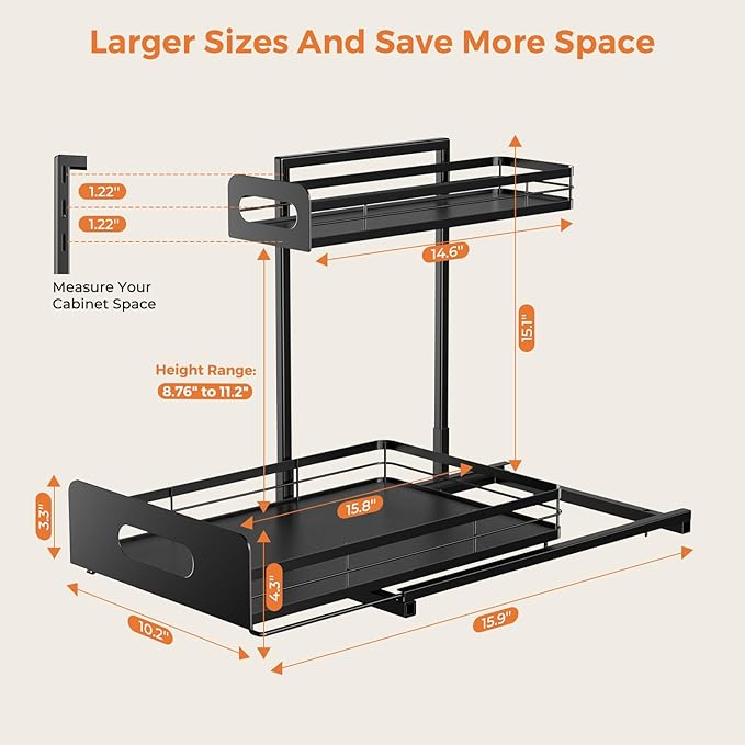 Delamu 2 Pack Metal Bathroom Organizers and Storage, 2 Tier Pull Out Under Sink Organizer for Kitchen Bathroom, Adjustable Under Sink Shelf for Multipurpose Cabinet Organizer, Black