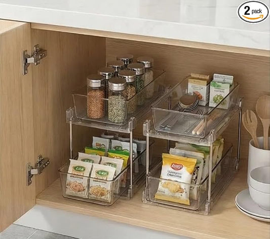 2 Pack Bathroom Organizer,2 Tier Clear Under Sink Organizers Vanity Countertop Storage Container,Cabinet Drawers Bins, Pull-Out Organization with Track for Pantry, Kitchen