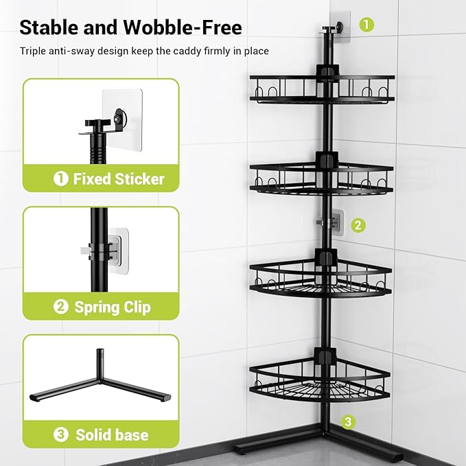 Corner Shower Caddy Standing: 4-tier Rustproof Shower Organizer Shelf - Floor Shower Corner Shelf Rack Stand for Bathroom Black