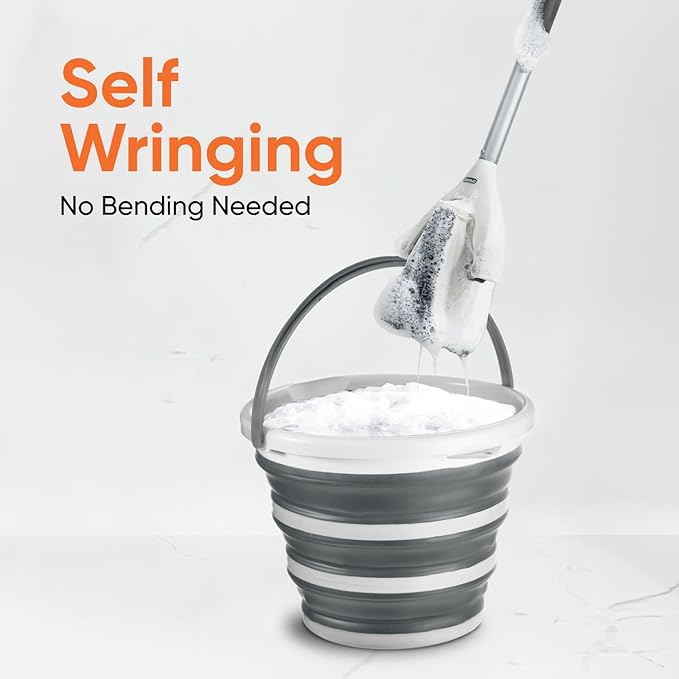 Superio Miracle Microfiber Mop with Telescopic Handle & 2-Gallon Collapsible Bucket - Lightweight Cleaning Set for Floors, Walls, Car Wash, Camping & More - Grey