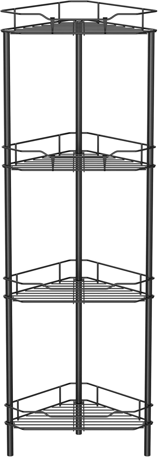 4 Tier Floor Standing Corner Shower Caddy Organizer Shelf with Hooks, Bathroom Shelves Stand Rack, Black