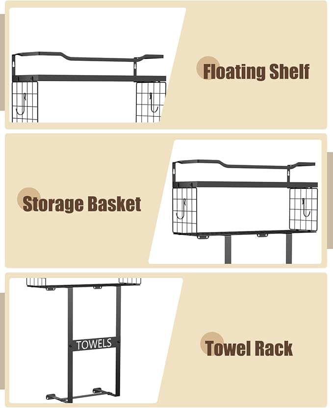 Wall Mounted Towel Rack for Bathroom - Bath Storage Holder Set Above Toilet, Rolled Towel Shelf Organizer, Wood Vertical Rack for Small Bathroom Decor, Black