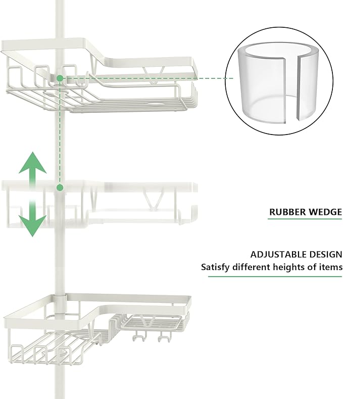 Corner Shower Caddy Tension Pole, 4-Tier Adjustable Corner Shower Caddy with Soap Dish & Razor Holder, Stainless Steel Tension Pole Shelf Fits Bathtub & Floor 25-114.2 inches(Off-white)