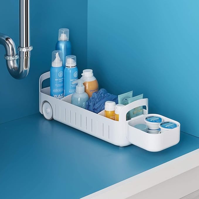 YouCopia RollOut Caddy Rolling Storage Bin with 2 Adjustable Dividers and Removable Basket for Kitchen and Bathroom Under Sink Organization, 5" Wide