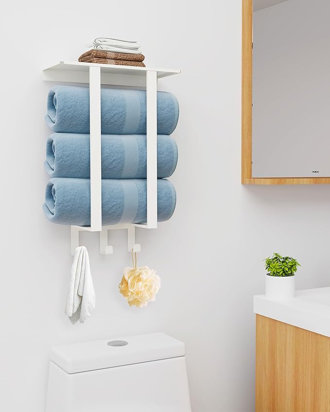 Towel Racks for Bathroom White, Bathroom Towel Rack with Shelf and 3 Hooks Wall Mounted, Towel Storage Rack for Small Bathroom