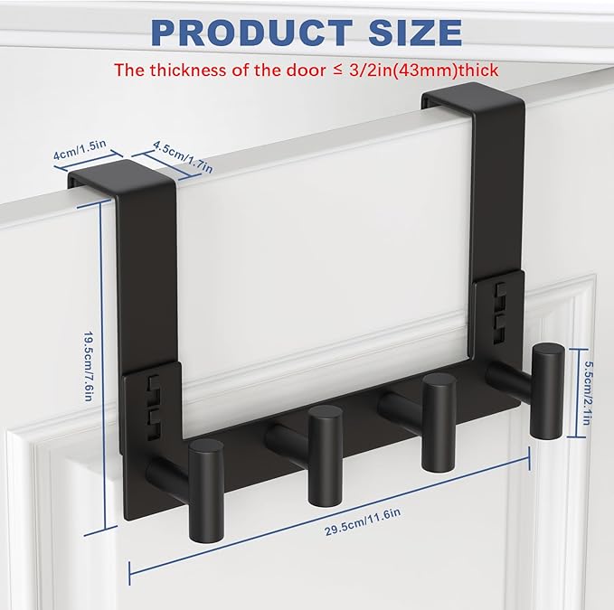 WUIVIUT Door Towel Rack, Wooden Door Metal Hook, Heavy-Duty Storage Clothes Hanger, Outerwear Backpack (4 Hook, Fits 1-3/4'' Thick)