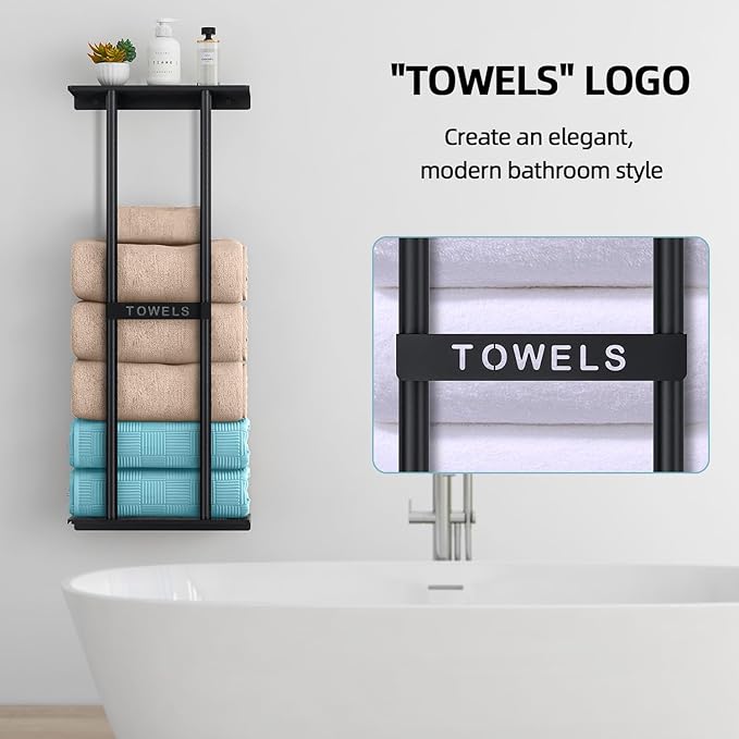 Towel Racks for Bathroom, Bathroom Towel Storage Wall Mounted 30 inch with Shelf Can Holds 6 Large Towels, Wall Towel Rack for Rolled Towels, Black