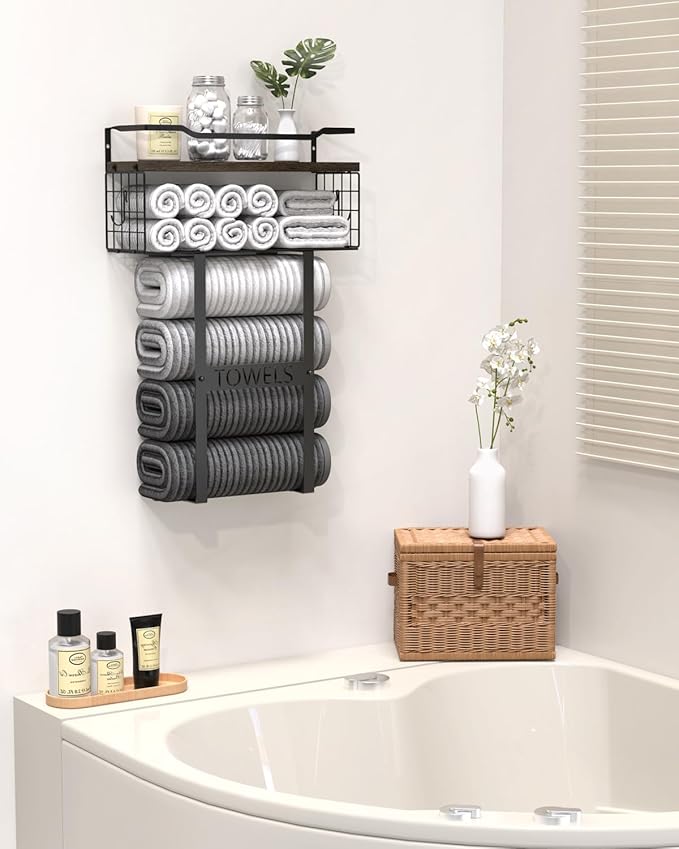Rustic Brown Wood Vertical Towel Rack - Bath Wall Holder Set Above Toilet Storage, Rolled Towel Shelf Organizer for Small Bathrooms