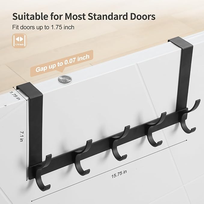 Over The Door Hooks, Door Hanger Hooks for Hanging, Over The Doors Towel Racks for Bathroom with 10 Coat Hook, Coat Rack Bathroom Accessories（1 Pack, Black）