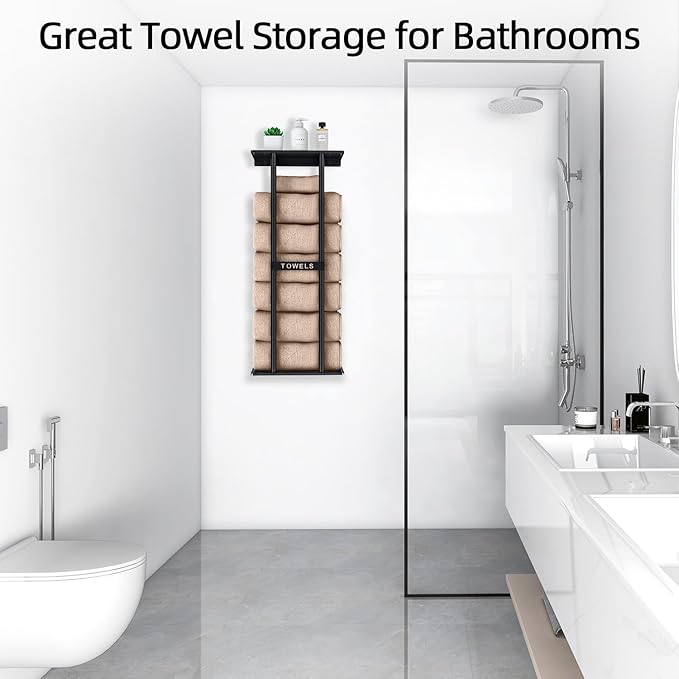 Towel Racks for Bathroom, Bathroom Towel Storage Wall Mounted 30 inch with Shelf Can Holds 6 Large Towels, Wall Towel Rack for Rolled Towels, Black