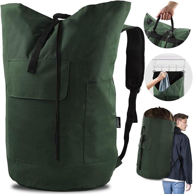 Laundry Bag Backpack, 125L Extra Large Laundry Backpack with Shoulder Straps, Adjustable Extendable Laundry Hamper Bag with 3 Pockets for College, Travel, Camping (Army Green)