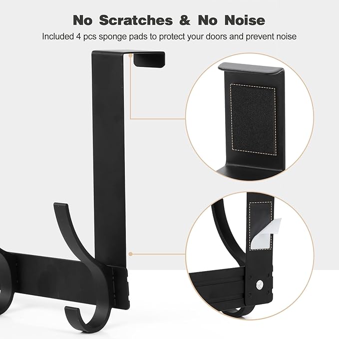 Over The Door Hooks, Door Hanger Hooks for Hanging, Over The Doors Towel Racks for Bathroom with 10 Coat Hook, Coat Rack Bathroom Accessories（1 Pack, Black）