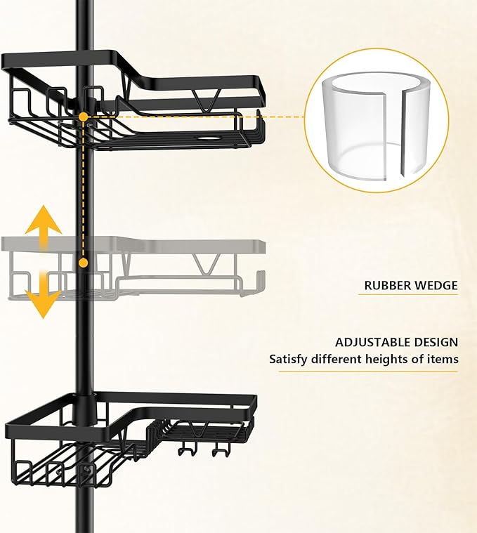 Tension Rod Shower Caddy Corner - Tension Pole Shower Caddy with 2 Towel Bars & Toothbrush Holder, Black Bathtub Organizers and Storage Corner Stainless Steel(Tall 25 to 114.2 Inches)