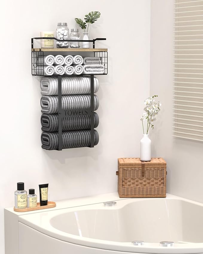 Towel Racks for Bathroom Wall Mounted - Bath Wall Towel Holder Set Above Toilet Storage, Rolled Towel Shelf Organizer for Small Bathroom, Wood Vertical Towel Rack for Bathroom Wall Decor
