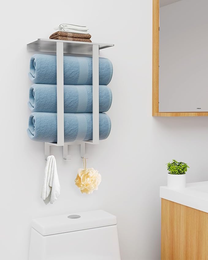 Towel Racks for Bathroom, BETHOM Towel Rack Wall Mounted with Shelf and 3 Hooks, Towel Storage for Small Bathroom for Rolled Bath Towels, Brushed Nickel