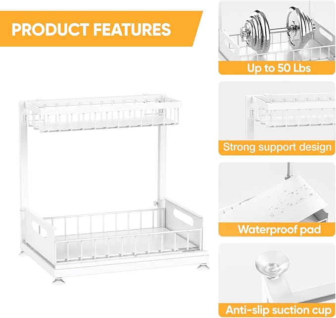 Under Sink Organizer Storage 2-Tier Premium Metal Pull-Out Kitchen Cabinet Organizer with Sliding Drawer, Height Adjustable, Heavy Duty for Kitchen & Bathroom Organizers 1 Pack White