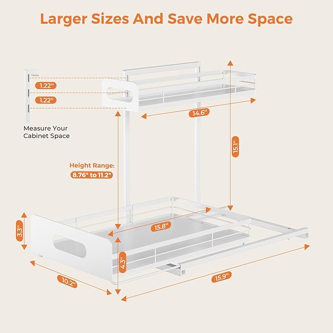 Delamu 2 Pack Metal Bathroom Organizers and Storage, 2 Tier Pull Out Under Sink Organizer for Kitchen Bathroom, Adjustable Under Sink Shelf for Multipurpose Cabinet Organizer, White