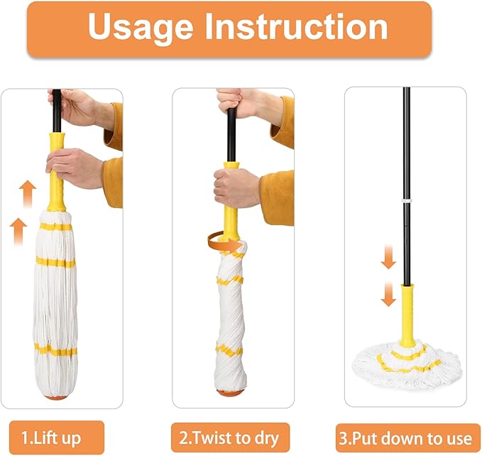 Self-Wringing Twist Mops with 1 Extra Refill, Microfiber Mops for Floor Cleaning with 57 " Long Handle, Easy Wringing Floor Mop for Hardwood Commercial Household Clean (1 Handle & 2 Mop Heads)