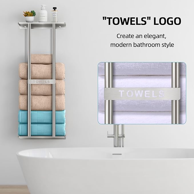 Bathroom Towel Storage for Bathroom, Wall Towel Rack for Rolled Towels, 30 inch Towel Holder Wall Mounted with Metal Shelf Can Holds 6 Large Towels, Brushed Nickel