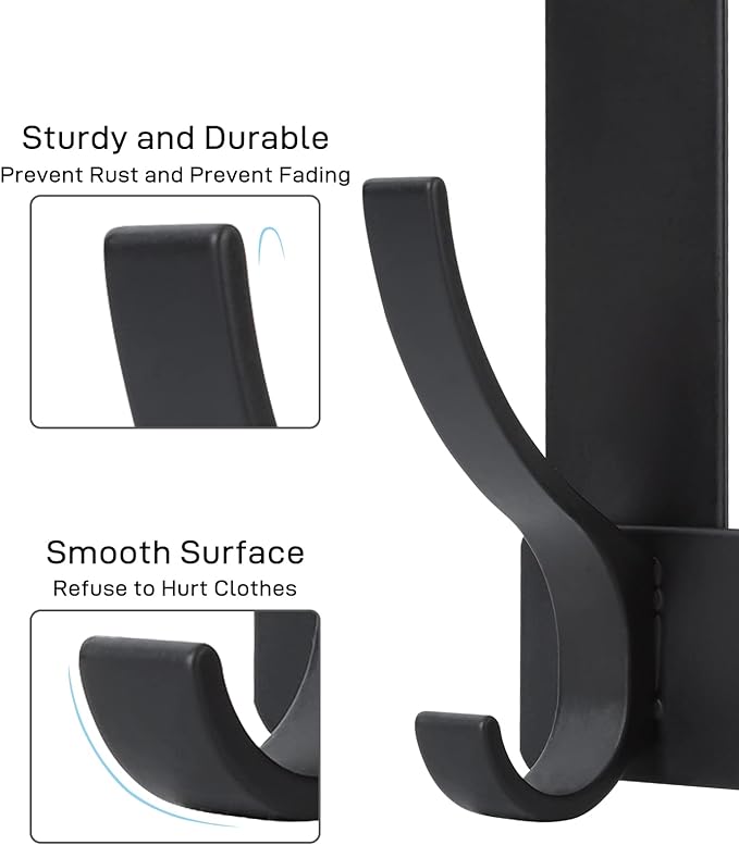 Over The Door Hooks, Door Hanger Hooks for Hanging, Over The Doors Towel Racks for Bathroom with 12 Coat Hook, Coat Rack Dorm Essentials Bathroom Accessories（1 Pack, Black）