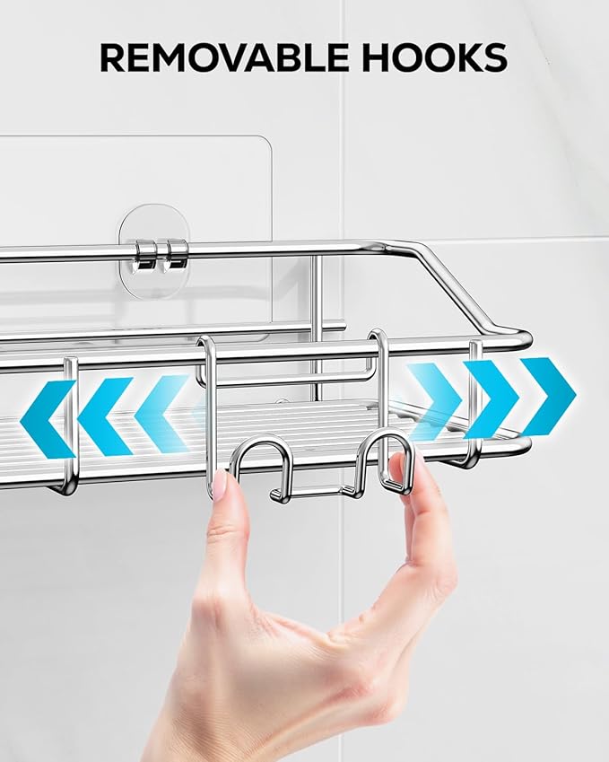 Nieifi Shower Caddy Shelf Storage Rack Adhesive Without Drilling Stainless Steel with Hooks for Washroom, Lavatory, Restroom, Toilet, Bathroom, Kitchen - 2 Pack