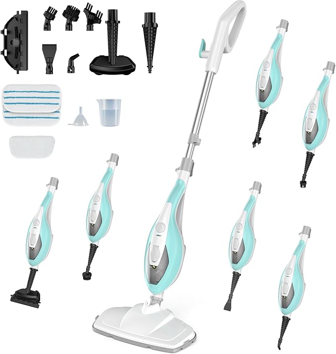 OLIXIS 10-in-1 Steam Mop, 1550W Detachable Handheld Steam Cleaner for Floor Cleaning, 16FT Cord, 2 Washable Pads, Multi-Purpose Floor Steamer for Hardwood, Carpet, Tile, Grout, Windows, White Green