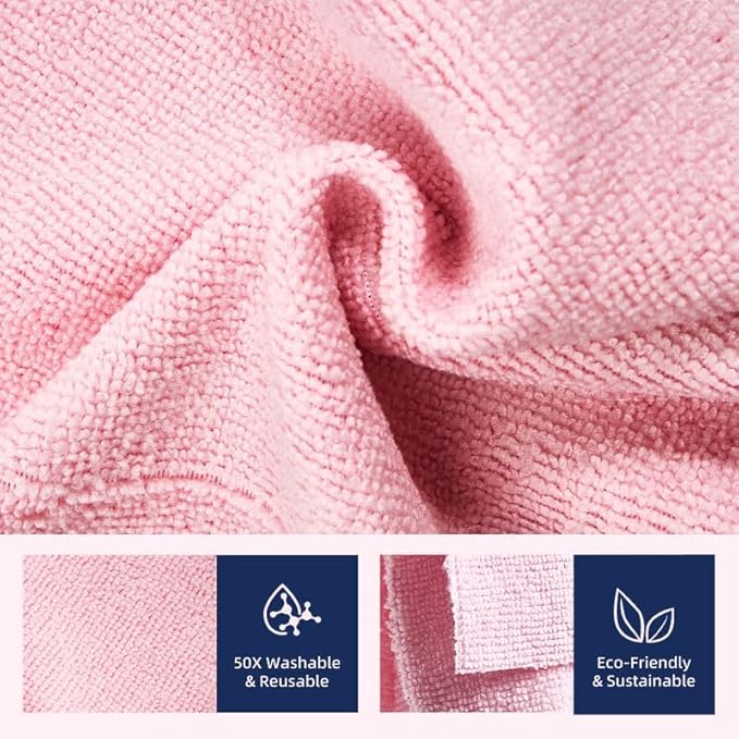 & PLUSH Microfiber Cleaning Cloth Roll - 70 Pack, Tear Away Microfiber Towels, 12" x 12", Reusable, Washable, Streak Free, Ultra Absorbent Dish Rags for Car, Home, Garage or Shop (Pink and Blue)