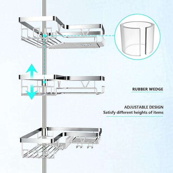 Corner Shower Caddy Tension Pole - Chrome Tension Rod Shower Caddy Adjustable Shampoo Holder for Bathroom/Bathtub/RV, Stainless Steel, Floor to Ceiling 25-114.2 inch