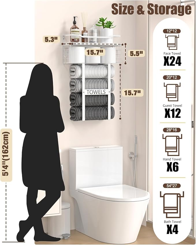 Towel Racks for Bathroom Wall Mounted - Bath Wall Towel Holder Set Above Toilet Storage, Rolled Towel Shelf Organizer for Small Bathroom All White, Wood Vertical Towel Rack for Bathroom Wall Decor