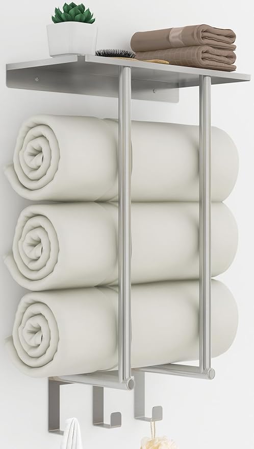 Towel Racks for Bathroom Wall Mounted, Bethom Towel Rack with Shelf and 3 Hooks, Brushed Nickel Towel Storage Holder Wall for Large Rolled Towels