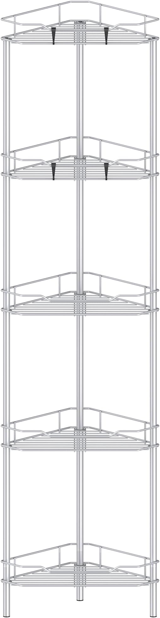 5 Tier Floor Standing Corner Shower Caddy Organizer Shelf with Hooks, Bathroom Shelves Stand Rack, Silver