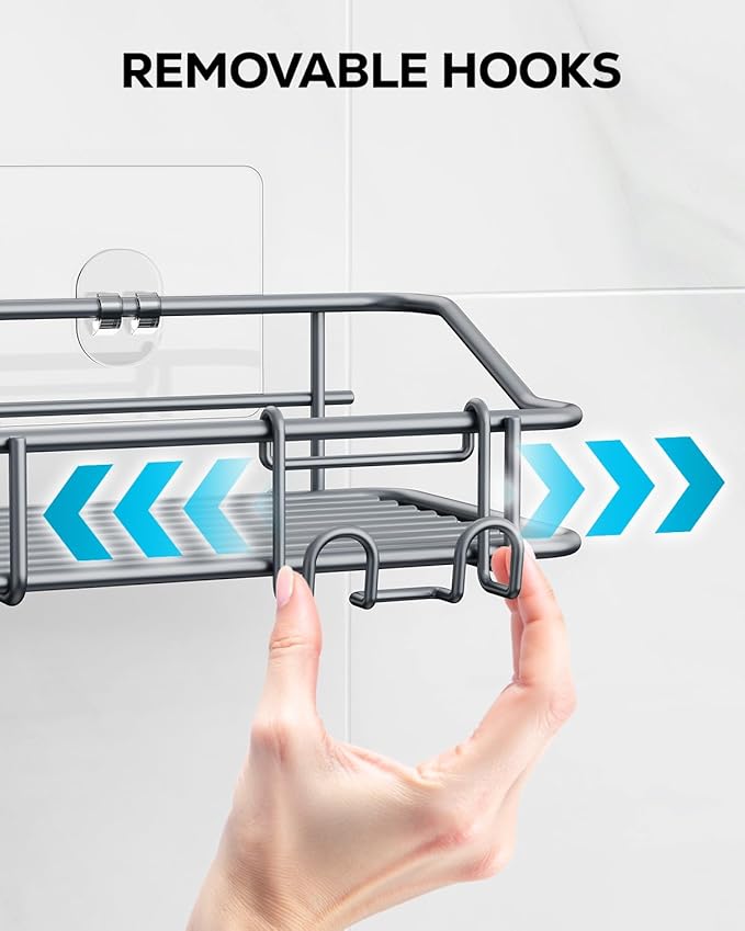 Nieifi Shower Caddy Shelf with Hooks Storage Rack Organizer Adhesive Stainless Steel Without Drilling for Bathroom, Lavatory, Washroom, Restroom, Shower, Toilet, Kitchen - 2 Pack (Gray)