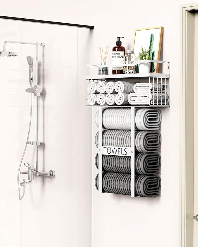 Towel Racks for Bathroom Wall Mounted - Bath Wall Towel Holder Set Above Toilet Storage, Rolled Towel Shelf Organizer for Small Bathroom All White, Wood Vertical Towel Rack for Bathroom Wall Decor