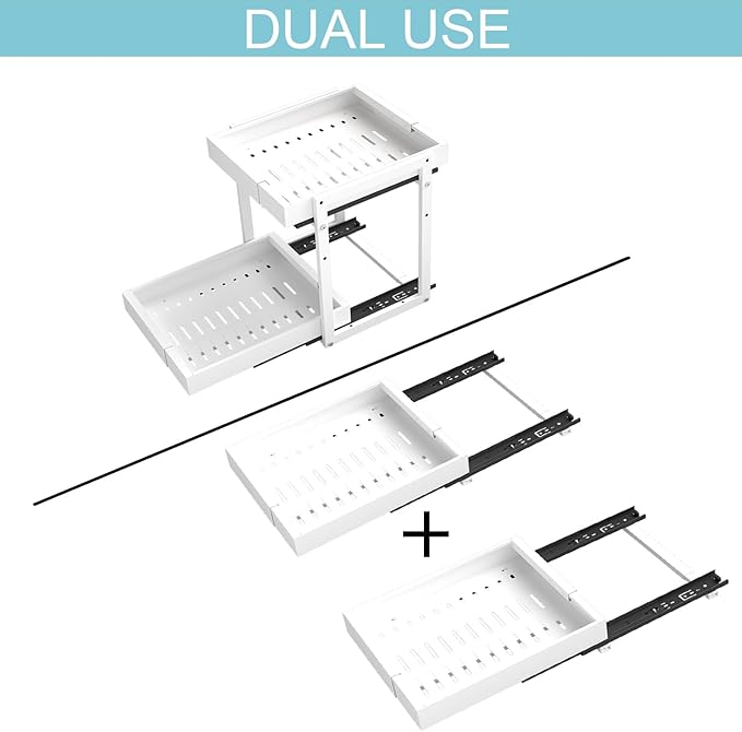 Golener 2-Tier Expandable Pull Out Cabinet Organizer - Slide Out Drawers for Kitchen Cabinets, Bathroom Organizers and Storage, Under Sink Organizer for Kitchen Storage Organization, White Metal Frame