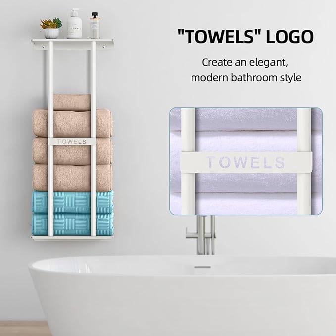 Wall Towel Rack for Rolled Towels, Towel Storage for Small Bathroom Can Holds 6 Large Towels, 30 inch Towel Racks with Shelf, White
