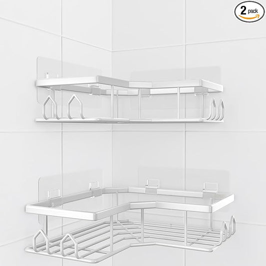 Adhesive Shower Caddy, 2 Pack Corner Bath Organizer, Rustproof Stainless Steel Shower Shelves with Large Capacity, No Drilling Shelves for Bathroom Storage, Home, Kitchen Décor (White).