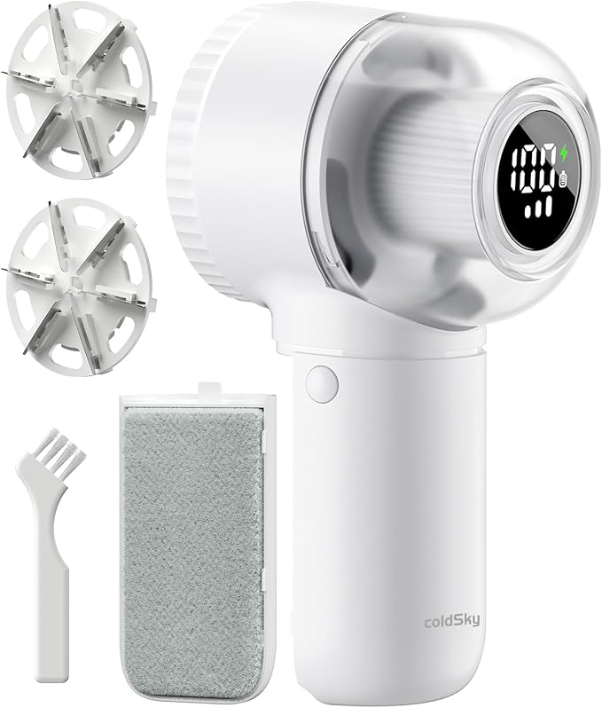 Fabric Shaver, 𝟮 𝗶𝗻 𝟭 Rechargeable Lint Remover with Brush, Large Sweater Shaver with Digital Display, 3 Speeds Lint Shaver, 6-Leaf Blades Lint Remover for Clothes, Sofa, Bedding, White