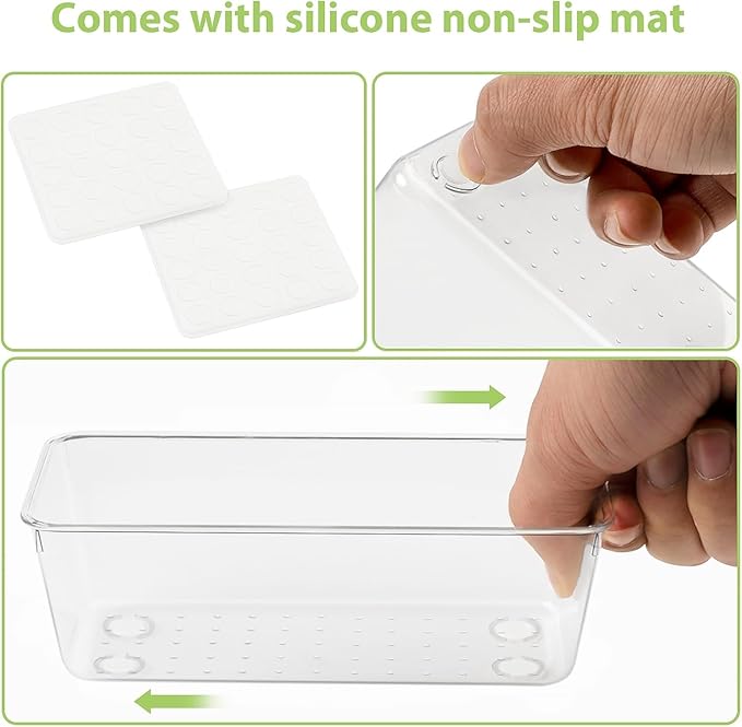 25 Piece Clear Drawer Organizer Set, 4 Sizes Bathroom Vanity Organizer Trays and Storage Bins for Makeup, Cosmetics, Jewelry, and Gadgets. Perfect for Office, Kitchen, Bedroom, Bathroom Use.