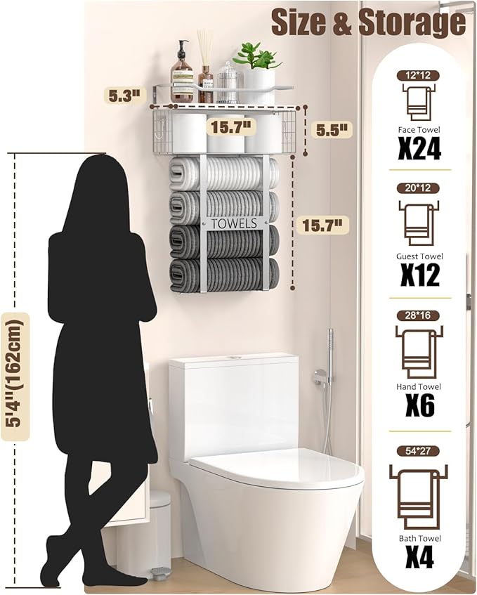 Towel Racks for Bathroom Wall Mounted - Bath Wall Towel Holder Set Above Toilet Storage, Rolled Towel Shelf Organizer for Small Bathroom, Wood Vertical Towel Rack for Bathroom Wall Decor Silver