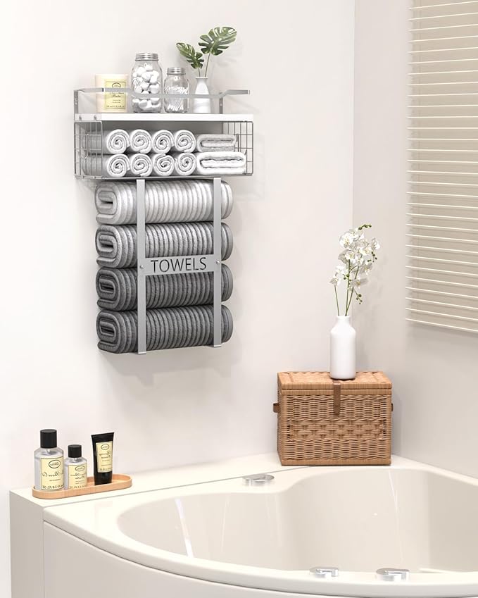 Towel Racks for Bathroom Wall Mounted - Bath Wall Towel Holder Set Above Toilet Storage, Rolled Towel Shelf Organizer for Small Bathroom, Wood Vertical Towel Rack for Bathroom Wall Decor Silver