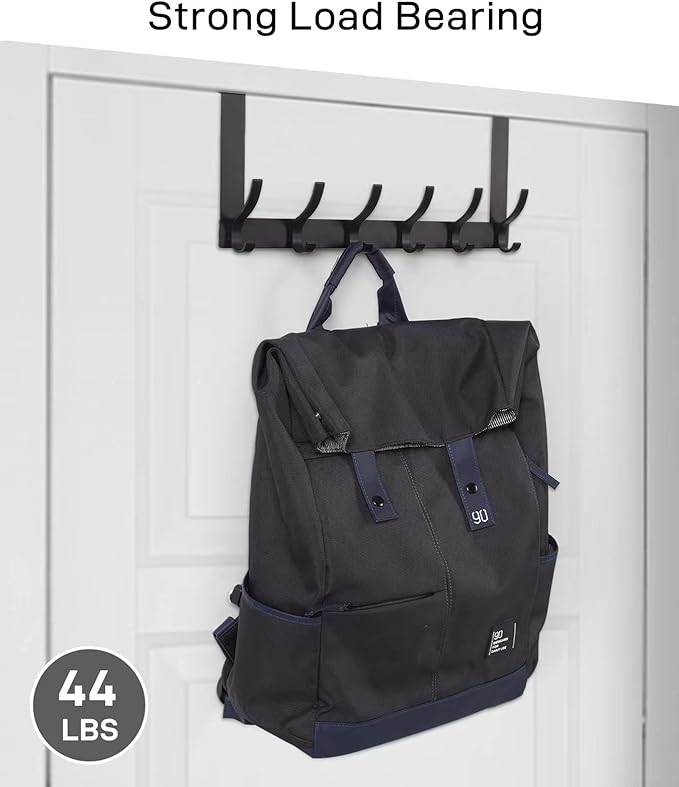 Over The Door Hooks, Door Hanger Hooks for Hanging, Over The Doors Towel Racks for Bathroom with 12 Coat Hook, Coat Rack Dorm Essentials Bathroom Accessories（1 Pack, Black）