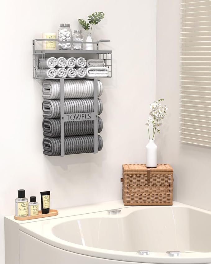 Towel Racks for Bathroom Wall Mounted - Bath Wall Towel Holder Set Above Toilet Storage, Rolled Towel Shelf Organizer for Small Bathroom, Wood Vertical Towel Rack for Bathroom Wall Decor Grey