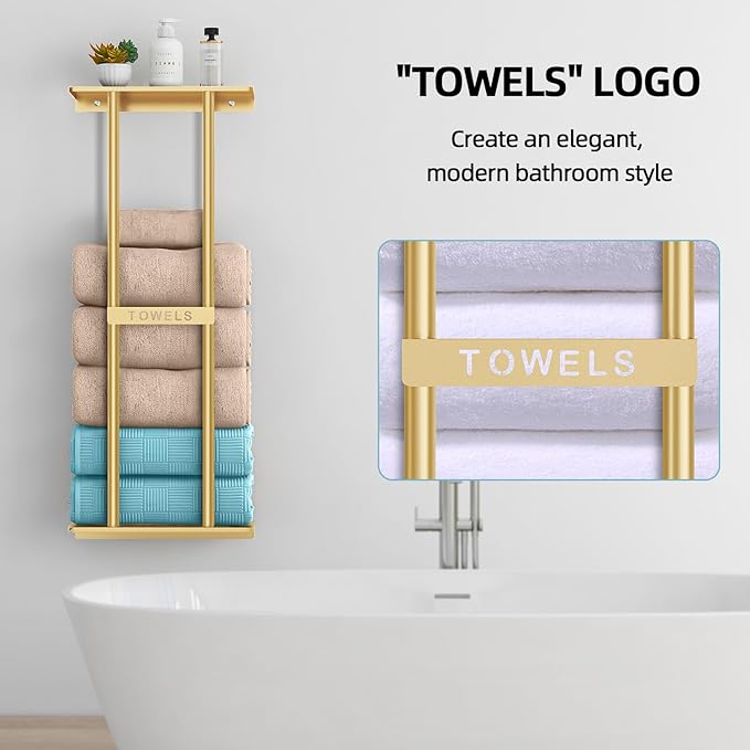 Bathroom Towel Storage Rack for Bathroom, 30 inch Towel Racks Wall Mounted with Shelf Can Holds 6 Large Towels, Wall Towel Rack for Rolled Towels, Gold