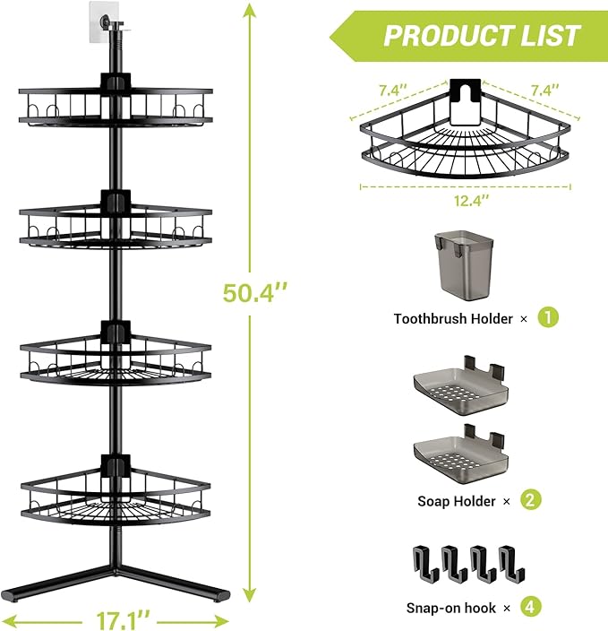 Corner Shower Caddy Standing: 4-tier Rustproof Shower Organizer Shelf - Floor Shower Corner Shelf Rack Stand for Bathroom Black